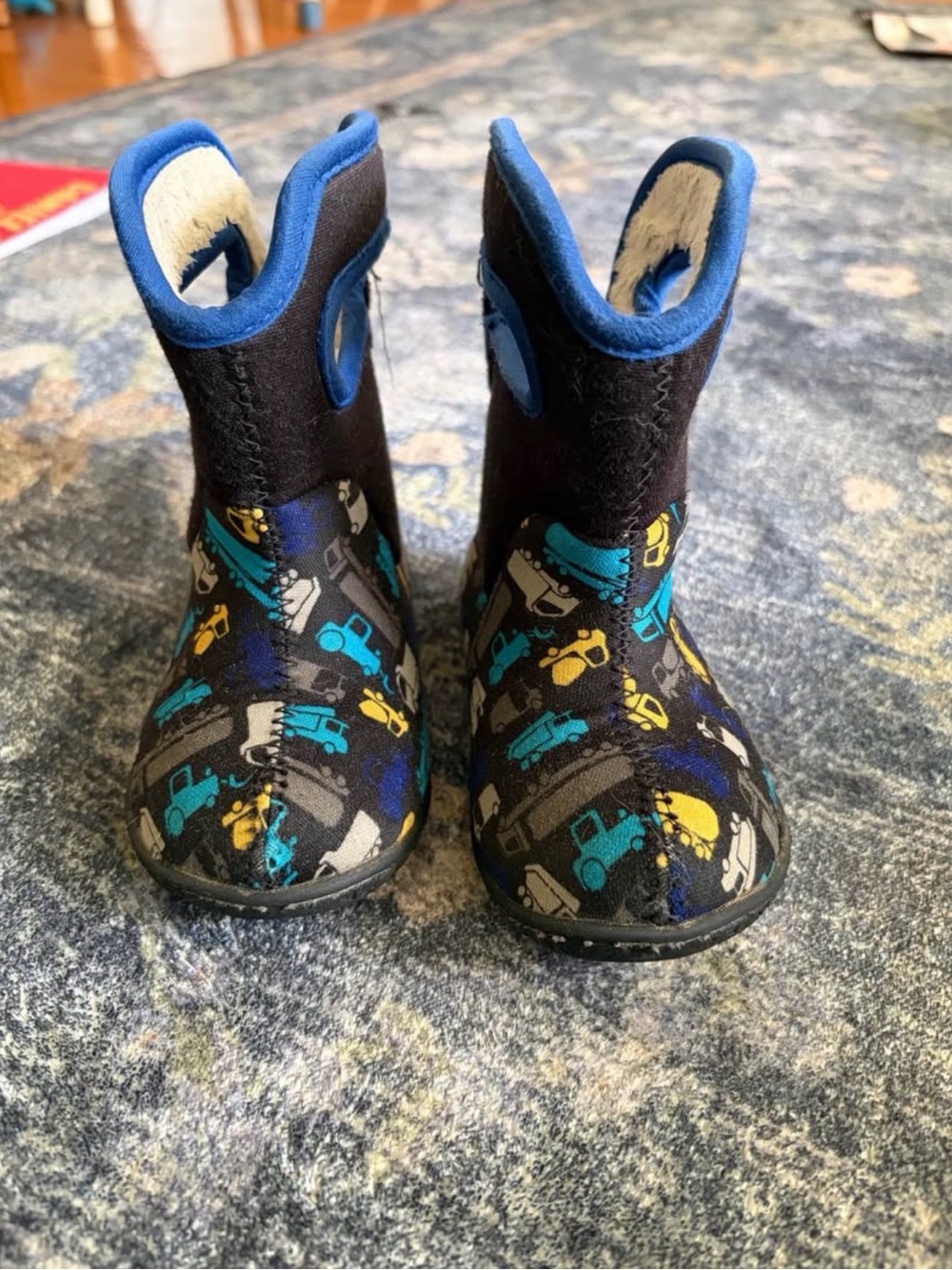 Bogs Kids Black Rain & Snow Boots with Blue and Yellow Construction Print